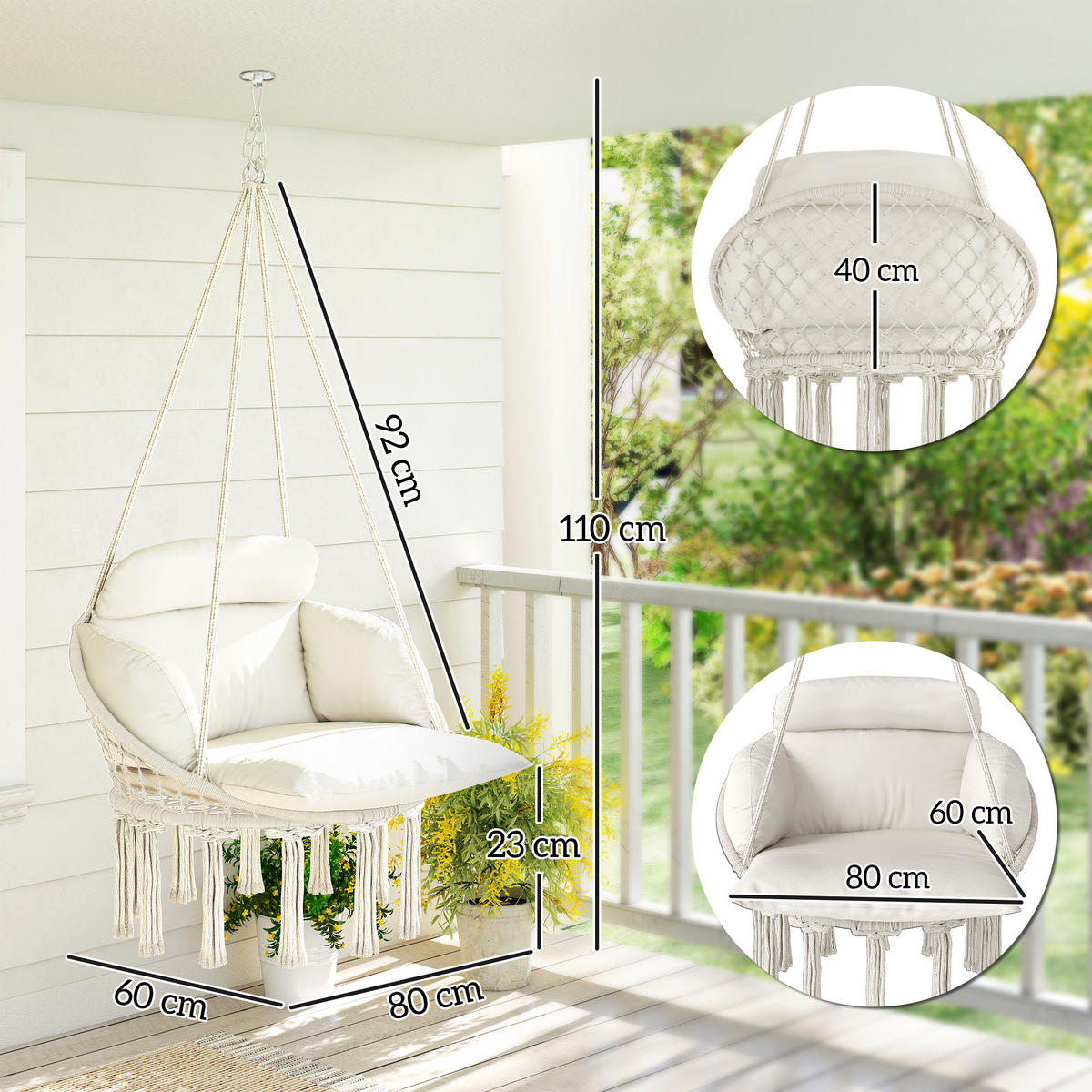 HÄNGESESSEL DE-15295 80/60/40 cm mit großem Polster und Fransen Creme - Creme, Metall (60/40/80cm) - ComfortXL