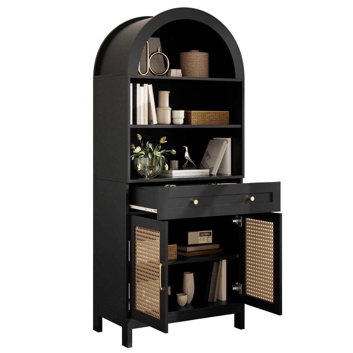 VITRINE DE-37960 mit Rattantüren und 3 Präsentationsfächern Schwarz - Schwarz, Holzwerkstoff (70/170/40cm) - ComfortXL