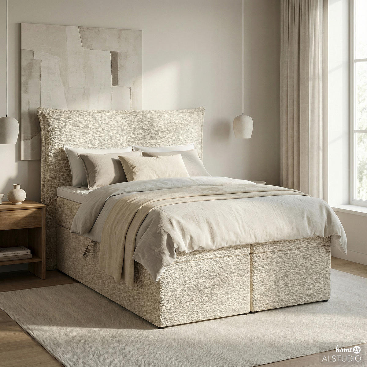 BOXBETT mit Stauraum - Bouclé - Creme, Holzwerkstoff/Textil (120/200cm) - home24