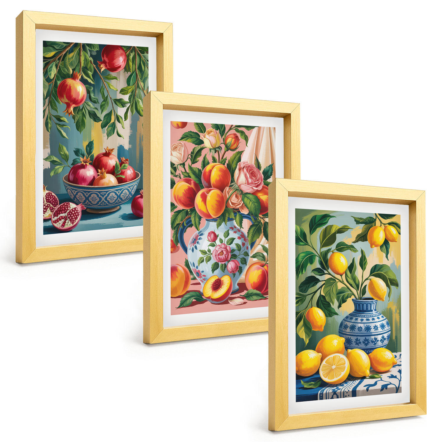 BILDER SET 3er Set - 20x30 cm Goldrahmen - Fruchtzusammensetzung von Granatäpfeln - Goldfarben, Kunststoff (20/30cm) - TULUP