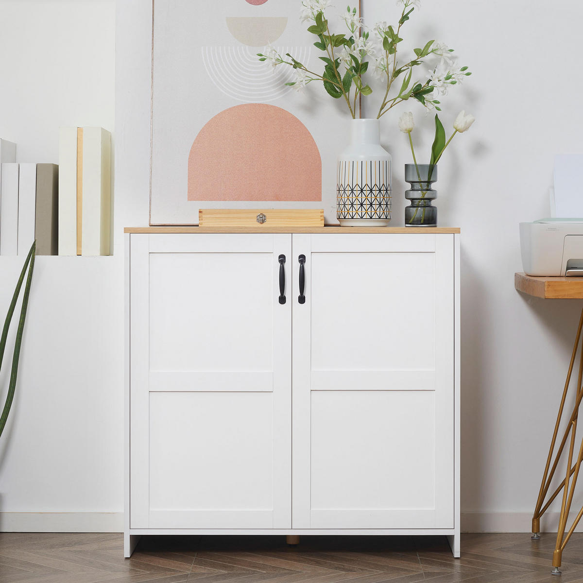SIDEBOARD DE-11031 2 Türen Weiß/Holzoptik - Weiß, Holzwerkstoff (90/88/39.5cm) - ComfortXL
