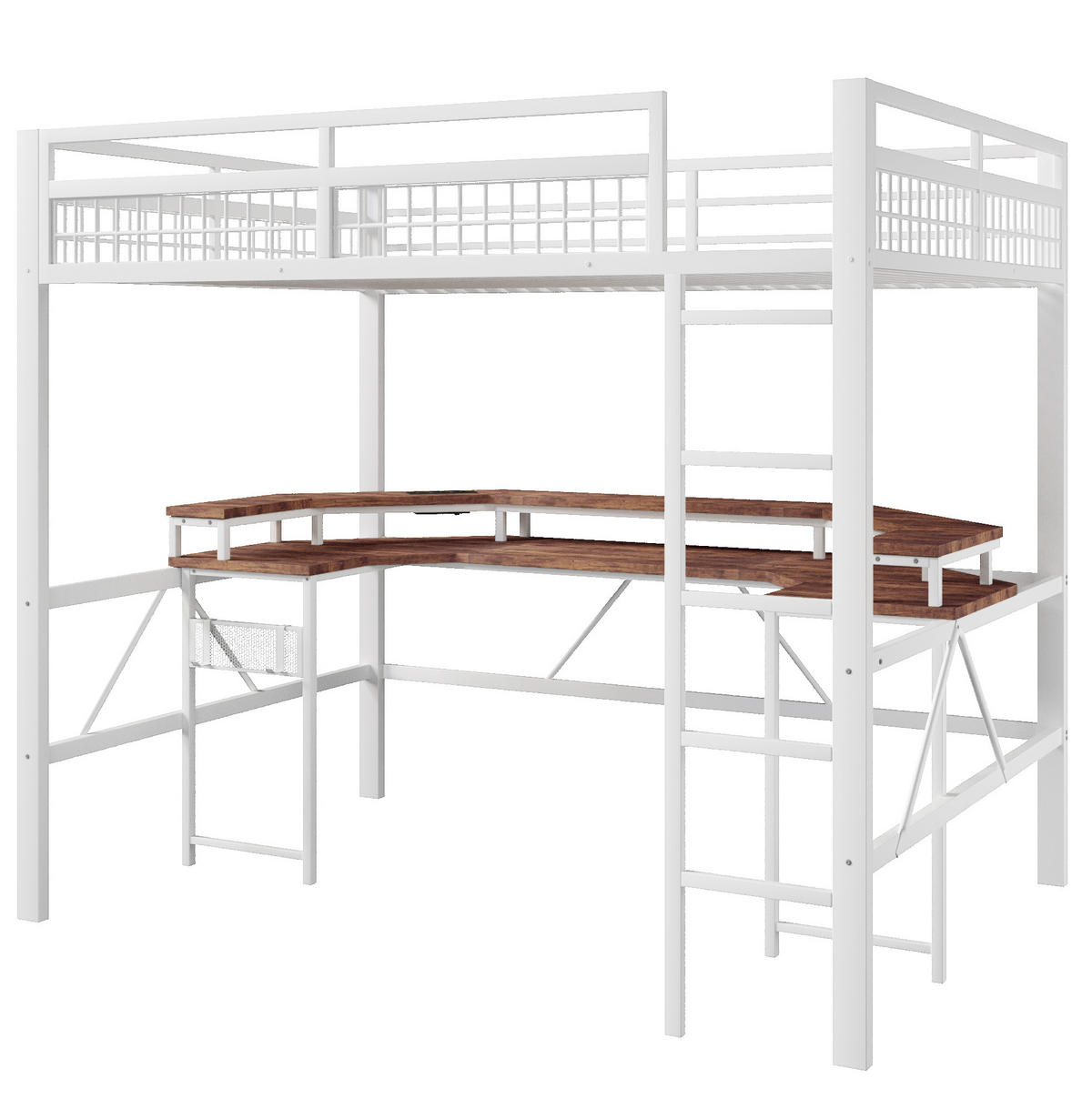 HOCHBETT 140/200 cm in Weiß mit Schreibtisch und LED-Beleuchtung - Weiß, Metall (140/200cm) - Flora Grace