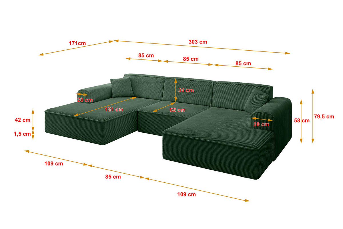 WOHNLANDSCHAFT IREA-U1-v3 - 303x171x79 cm Grün - Currygelb, Holzwerkstoff/Textil (303/79/171cm) - ALTDECOR