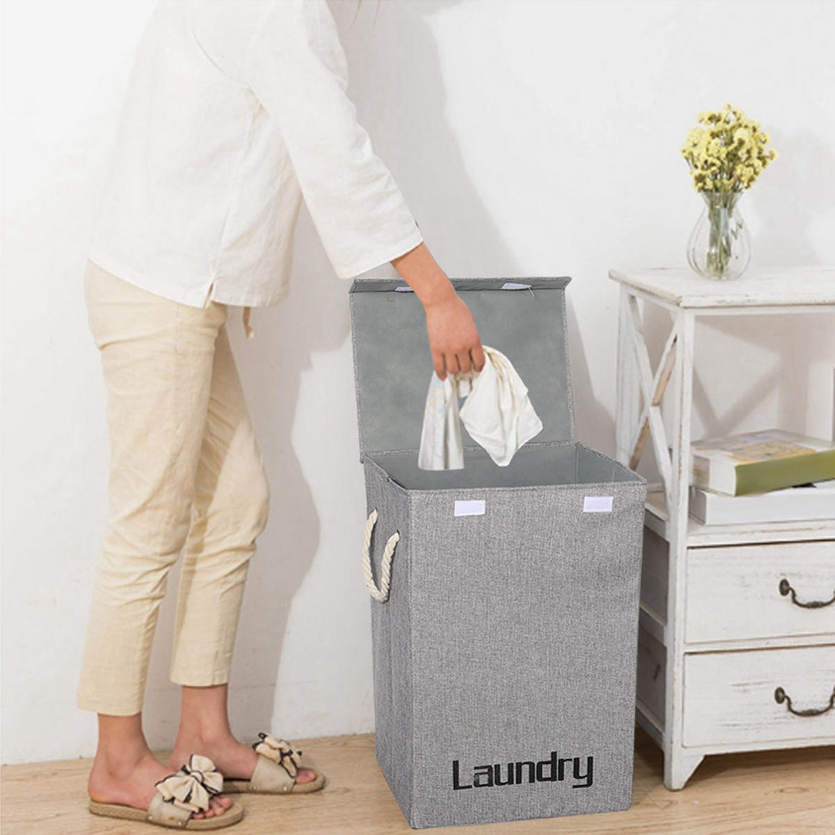 WÄSCHEKORB aus Leinen in Grau faltbar mit Deckel und Hanfseilgriffen Leicht zu transportieren Vielseitig einsetzbar 40 × 30 × 60 cm - Grau, Textil (30/60/40cm) - Livingandhome