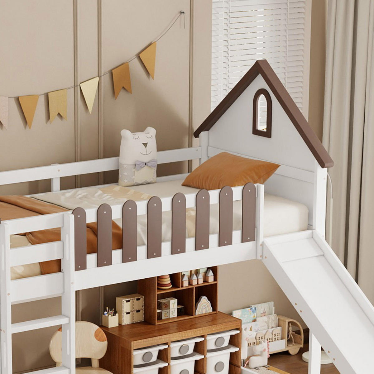 HOCHBETT 90/200 cm Weiß Walnuss mit Rutsche und Fenster aus Kiefer und MDF - Weiß, Holzwerkstoff (90/200cm) - OKWISH