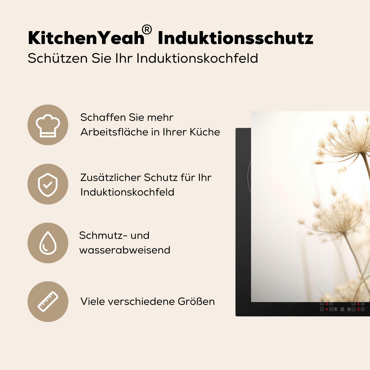 HERDABDECKPLATTE Blumen - Weiß - Sonnenlicht Induktionsschutz 89.6x51.6 cm - Ecru, Kunststoff (89.6/51.6/0.2cm) - MuchoWow