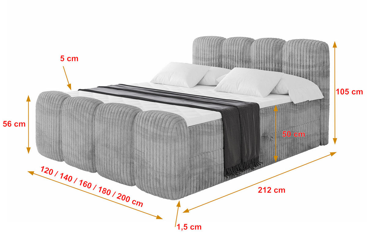 BOXBETT mit Matratze H4 und Lattenrost - NINA-Z - 140x200 cm - Hellgrau - Hellgrau, Holzwerkstoff (140/200cm)