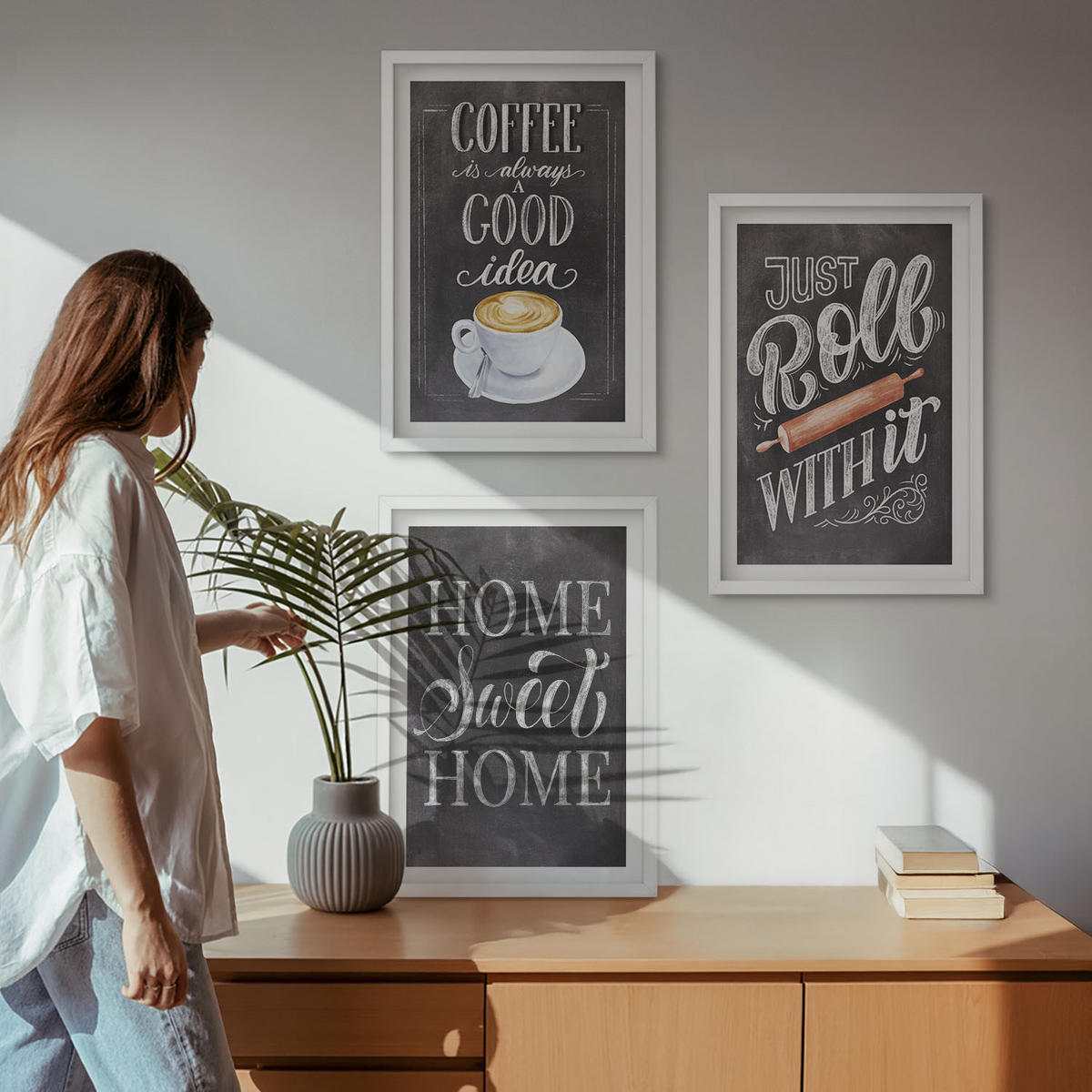 BILDER SET 3er Set - 40x60 cm Weißer Rahmen - Kaffeeroller, heimelige Wärme - Weiß, Kunststoff (40/60cm) - TULUP