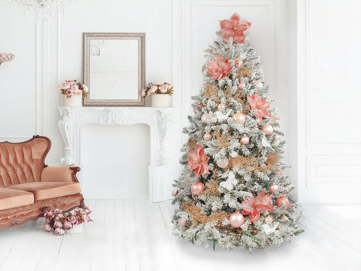 LAALU WEIHNACHTSBAUM geschmückt künstlich mit 94 Stk Kugeln CHRISTMAS ROMANCE 210 cm mit Metallständer - Creme/Weiß, Kunststoff (210cm) - LAALU