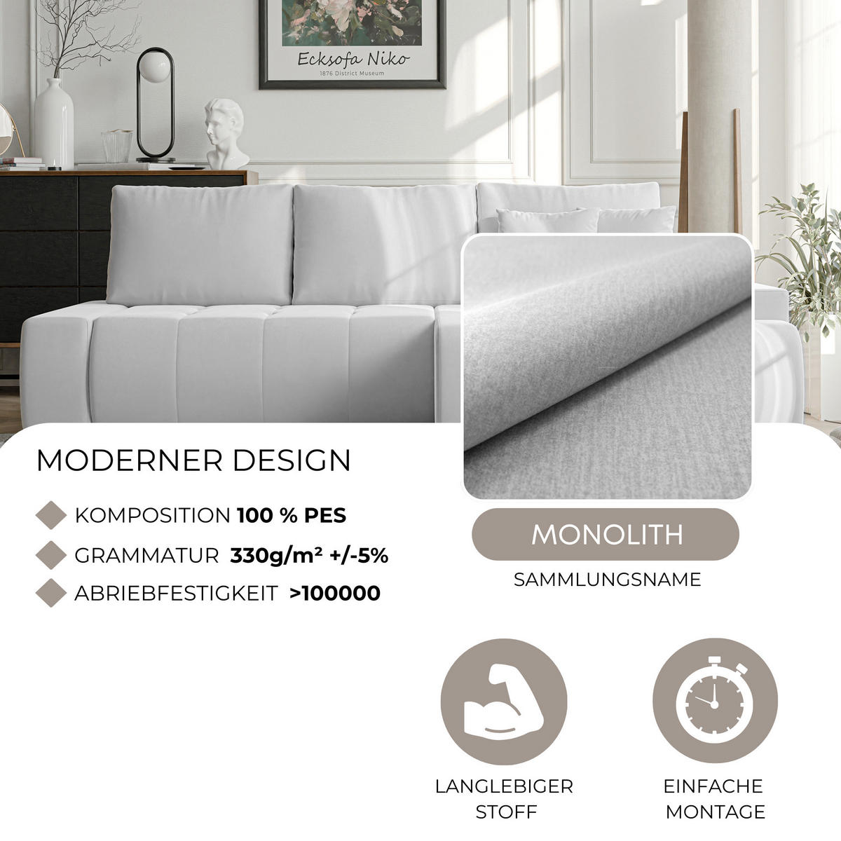 ECKSOFA NIKO Links, mit Schlaffunktion und Bettkasten, Hellgrau - Hellgrau, Textil (227/153cm) - Idohome