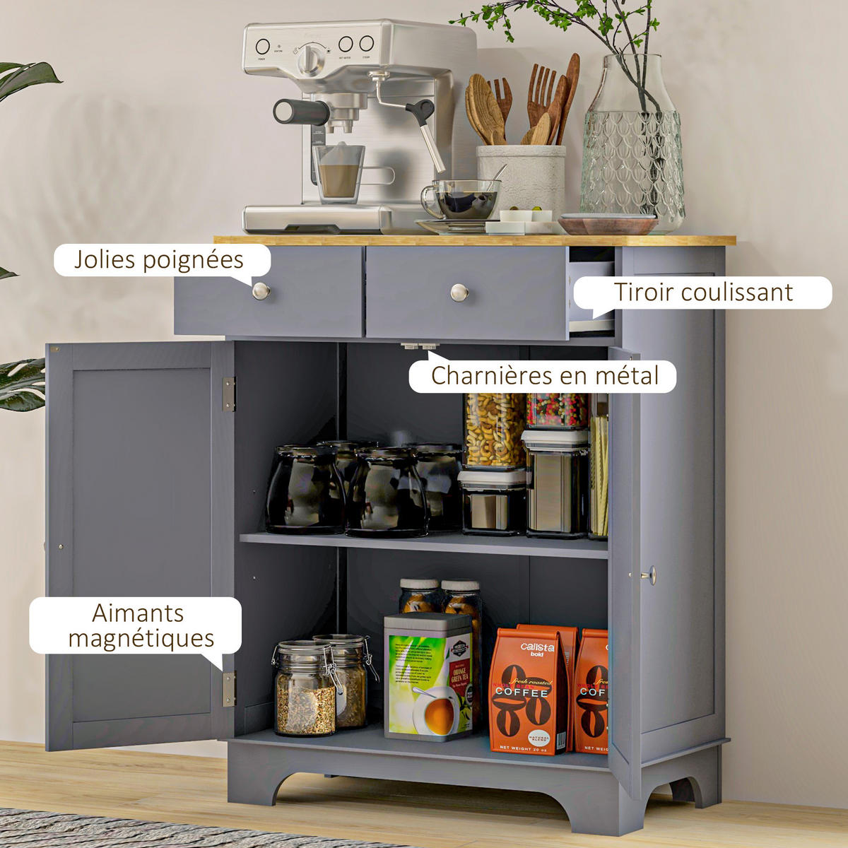 SIDEBOARD DE-11096 2 Schubladen Grau/Naturholz - Grau, Holzwerkstoff (68/85/40.3cm) - ComfortXL
