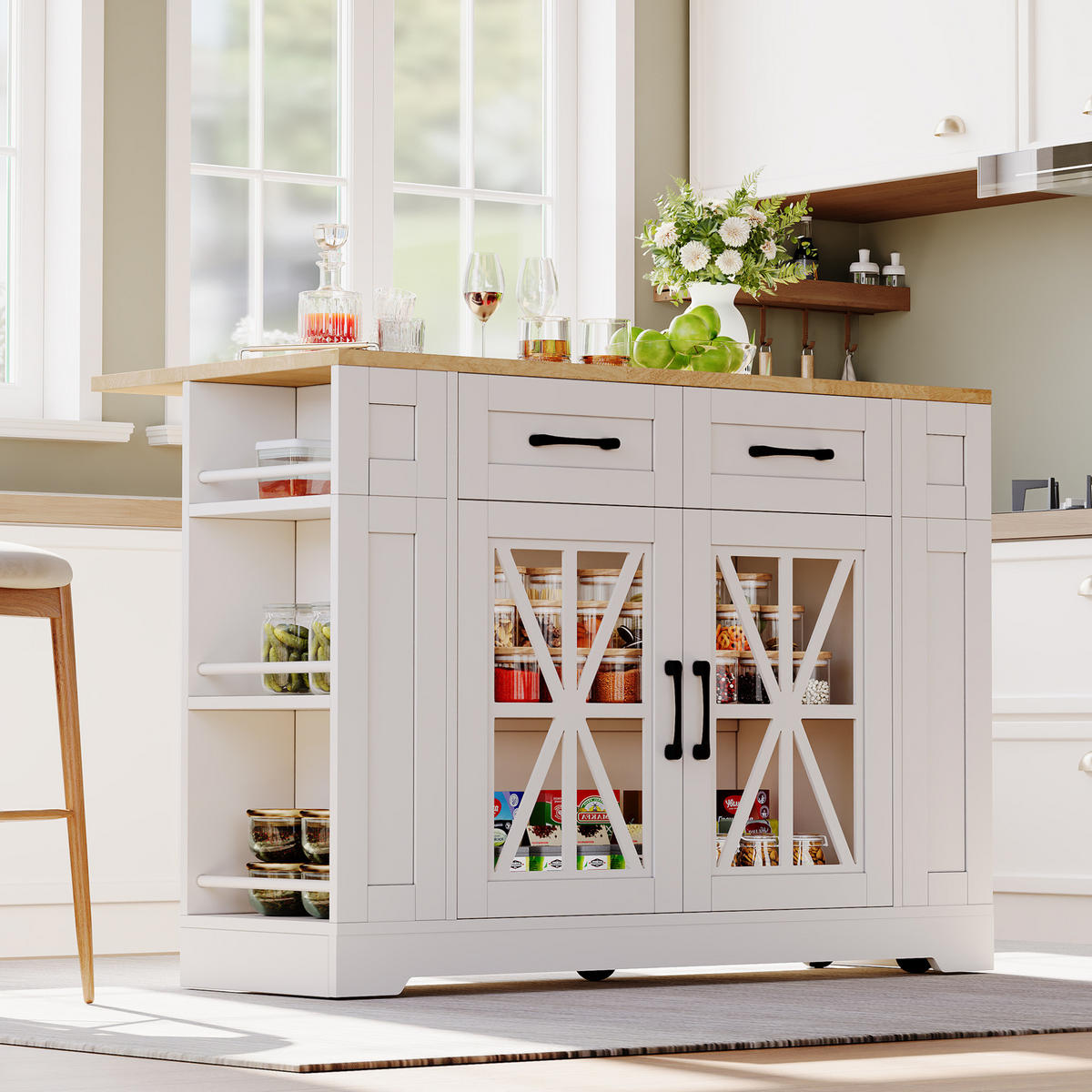 KÜCHENINSEL aus MDF 120x40(65)x92 cm Weiß/Natur mit Klapptisch, 2 AC- und 2 USB-Anschlüssen, Glastüren und Rollen - Weiß, Holzwerkstoff (120/92/65cm) - Modfu