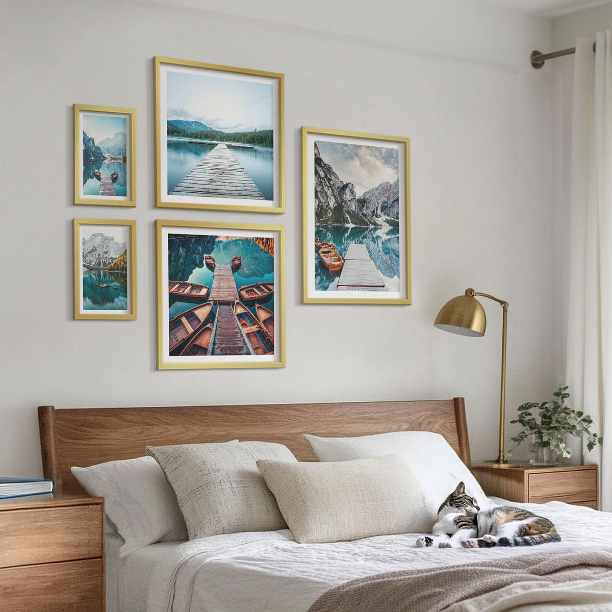 WANDBILDER 5er Set - 50x50 cm & 20x30 cm & 40x60 cm Goldrahmen - Holzstege am See, Boote - Goldfarben, Kunststoff (40/60cm) - ArtPrintCave