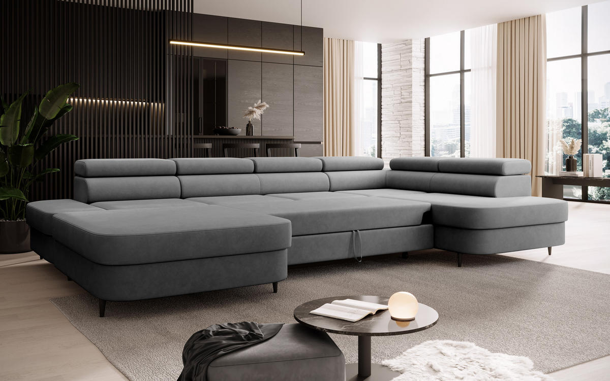 ECKSOFA U-Form PRIAM U Links mit Schlaffunktion 126x270 Velours Grau - Schwarz/Grau, Holz/Textil (350/91/203cm) - Muffo