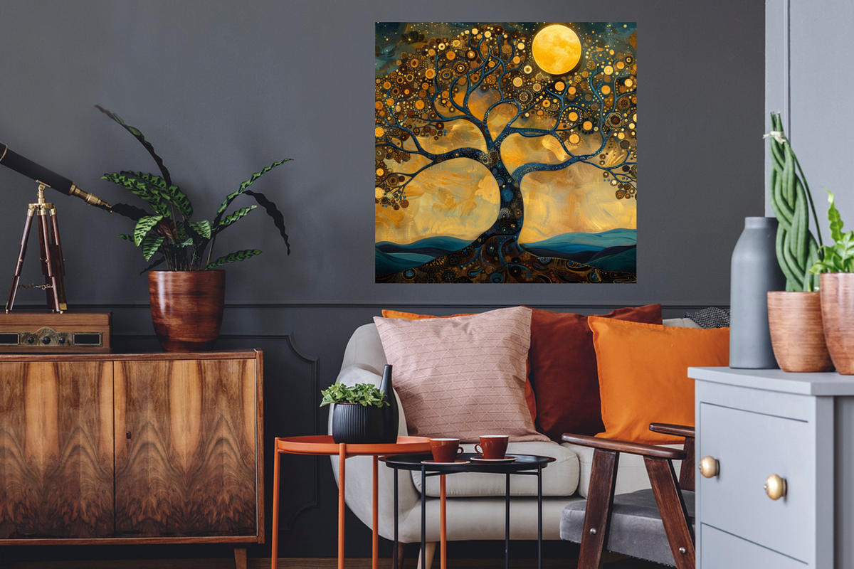WANDTATTOO Baum - Mond - Blumen - Gold - Kunst 50x50 cm - Orange, Kunststoff (50/50/0.1cm) - MuchoWow