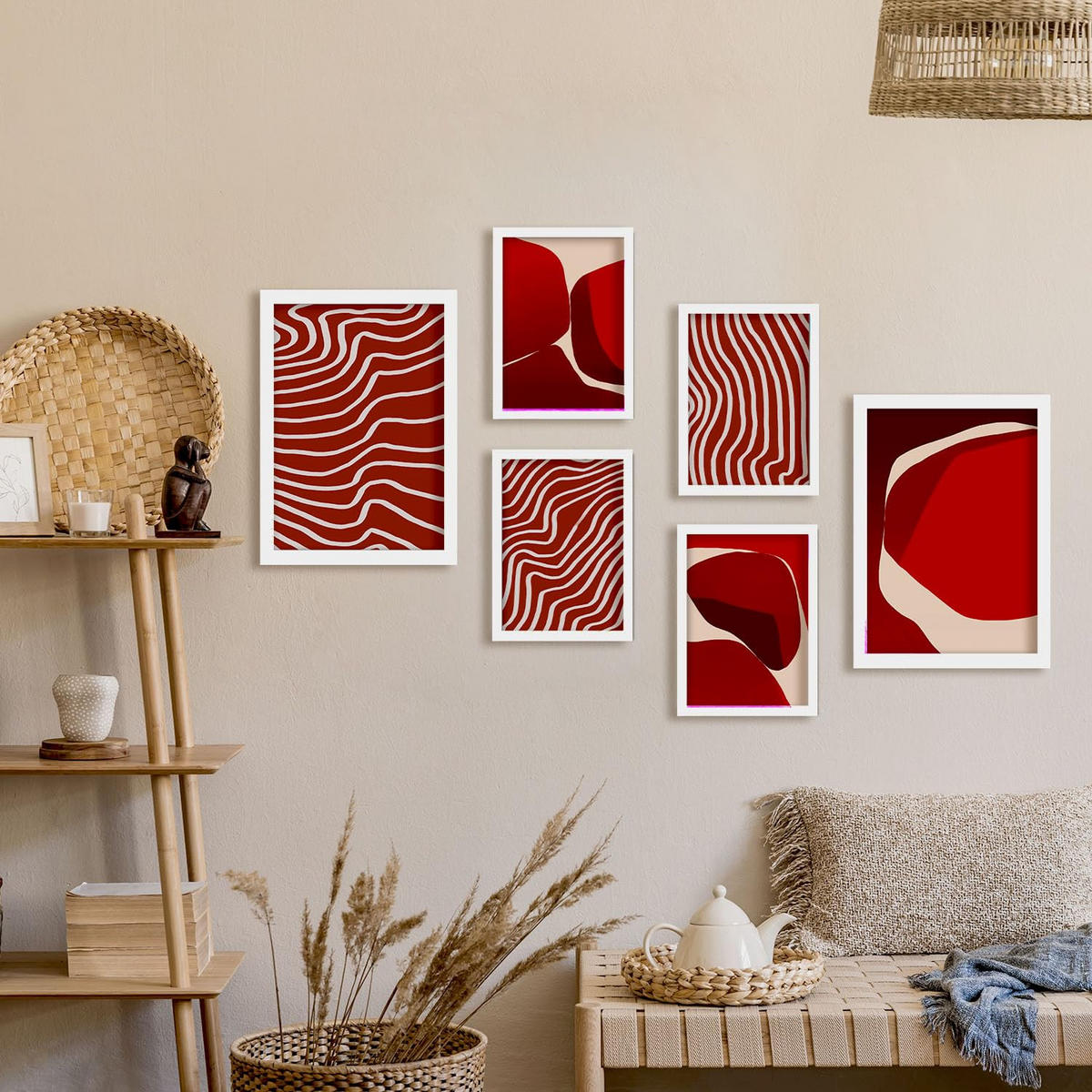 POSTER Set Mit 6 Rote Steine In Form Abstracts Ästhetische Dekorative Gemälde Für Ihr Wohnzimmer, Schlafzimmer, Zuhause A3 & A4 Weißer Rahmen - Weiß, Papier (29/3cm) - Nacnic