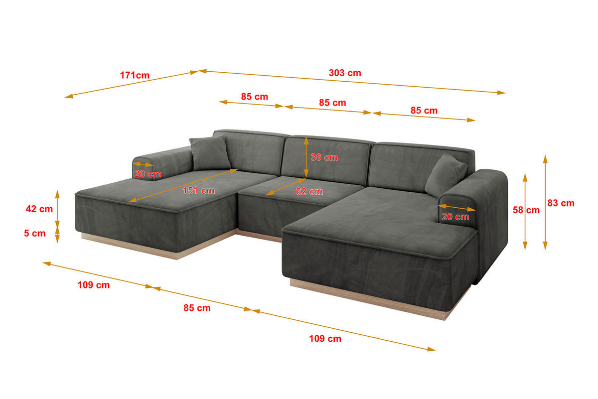 WOHNLANDSCHAFT IREA-U1 - 303x171x83 cm Ecru - Anthrazit, Holzwerkstoff/Textil (303/83/171cm) - ALTDECOR