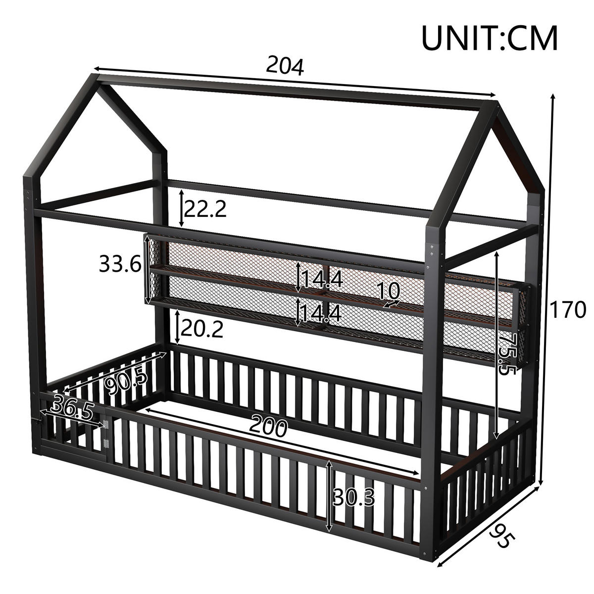 HAUSBETT 90/200 cm schwarz aus Metall mit Sicherheitszaun und LED - Schwarz, Metall (90/200cm) - OKWISH