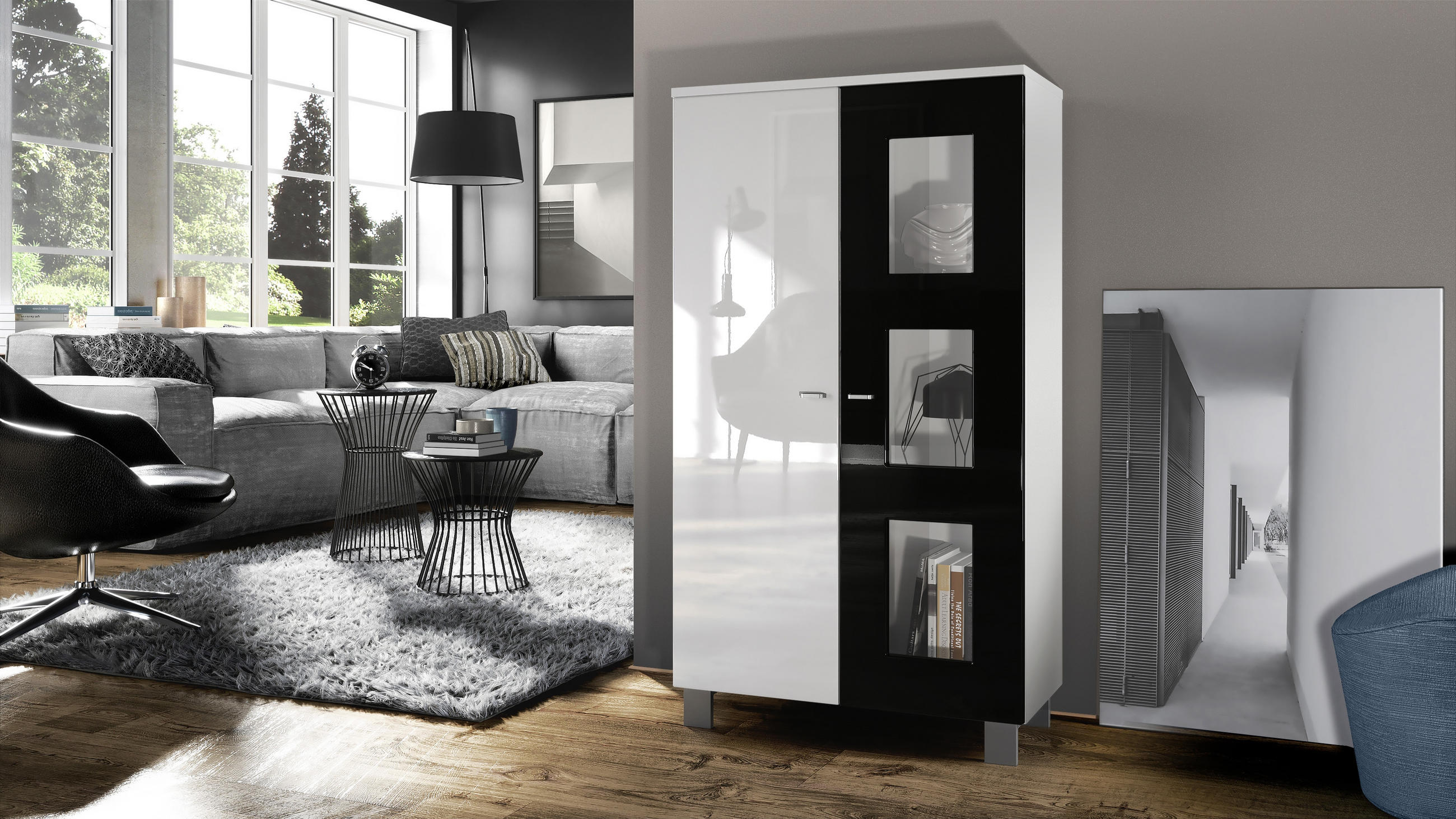 VITRINE Denjo Tür in Schwarz Hochglanz - Schwarz Hochglanz, Holzwerkstoff (71/129/35cm) - Vladon