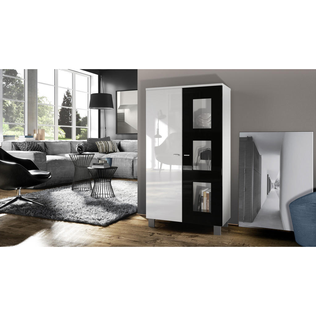 Thumbnail - Vladon Vitrine, Schwarz Hochglanz, Holzwerkstoff, 71x129x35 cm, Wohnzimmer, Wohnwände, Vitrinenschränke