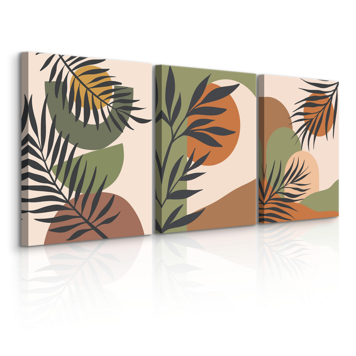 LEINWANDBILDER 3-er Set Blätter Boho - Beige/Schwarz, Textil (90/40cm) - Muralo