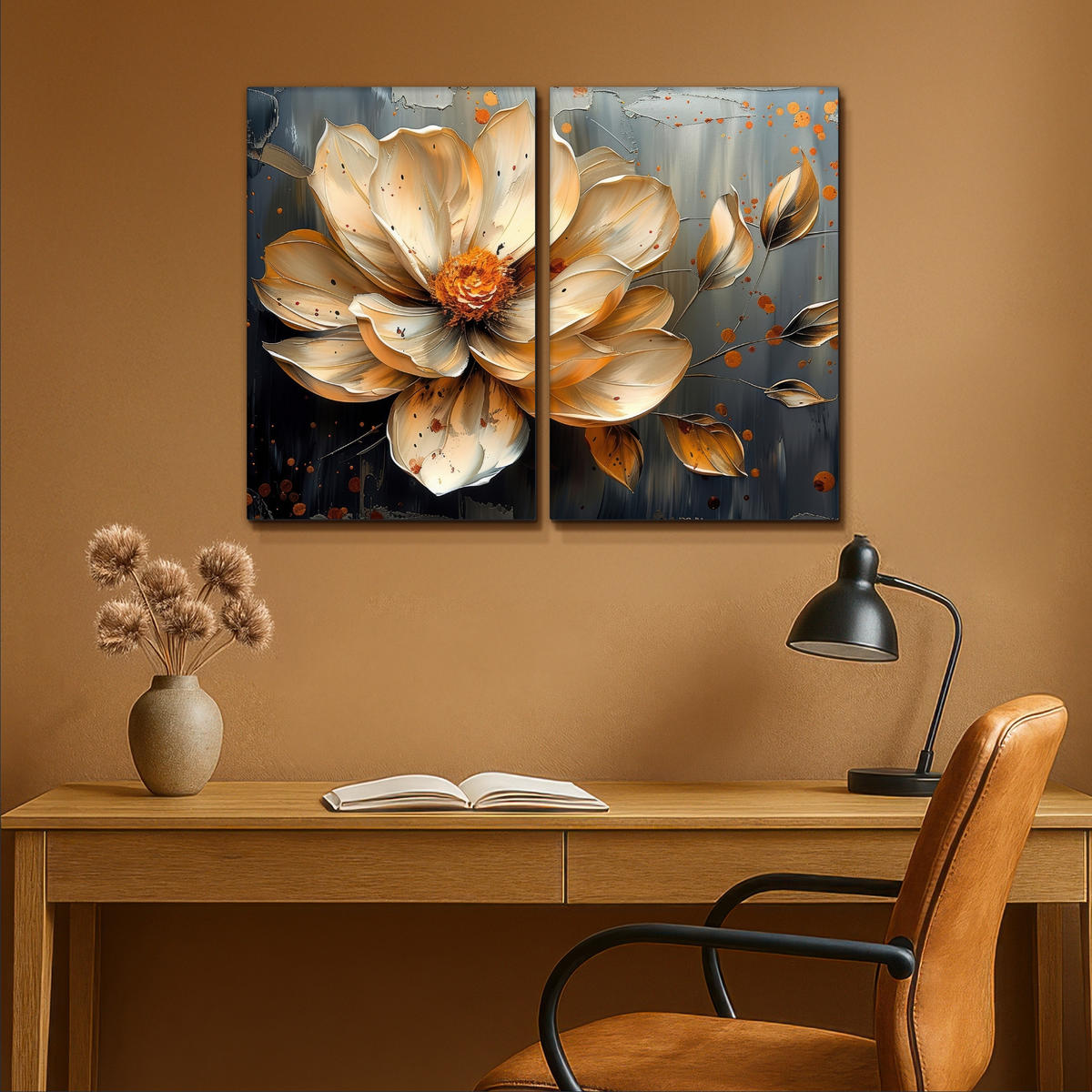 LEINWANDBILD 2er Set Blume - Gold - Abstrakt - Farbe 80x60 cm - Creme, Textil (80/60cm) - MuchoWow