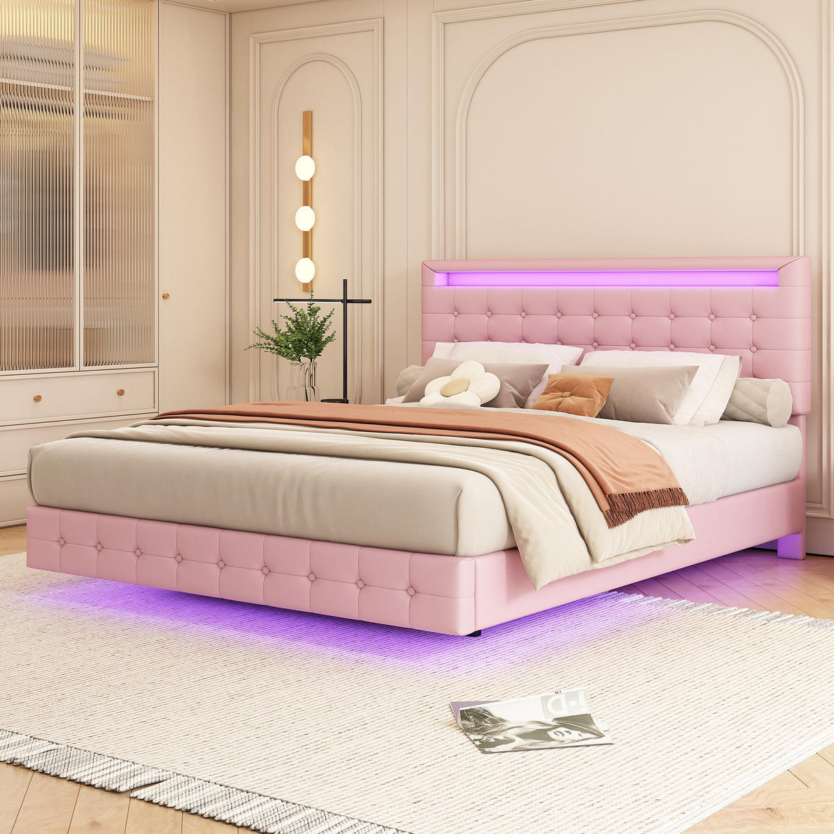 BETT mit LED-Beleuchtung 140x200 cm PU Pink - Pink, Metall (140/200cm) - Meubliv