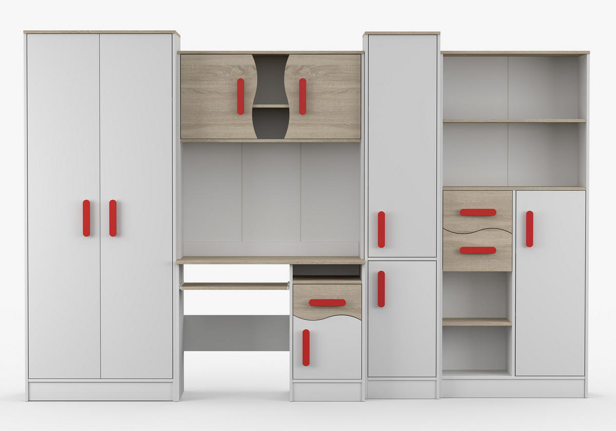 JUGENDZIMMER Wohnwand Colorino in Weiß und Eiche Sonoma – mit roten Griffen 5 teilig - Kinderzimmer Komplett - Weiß, Holzwerkstoff (80/200/120cm)