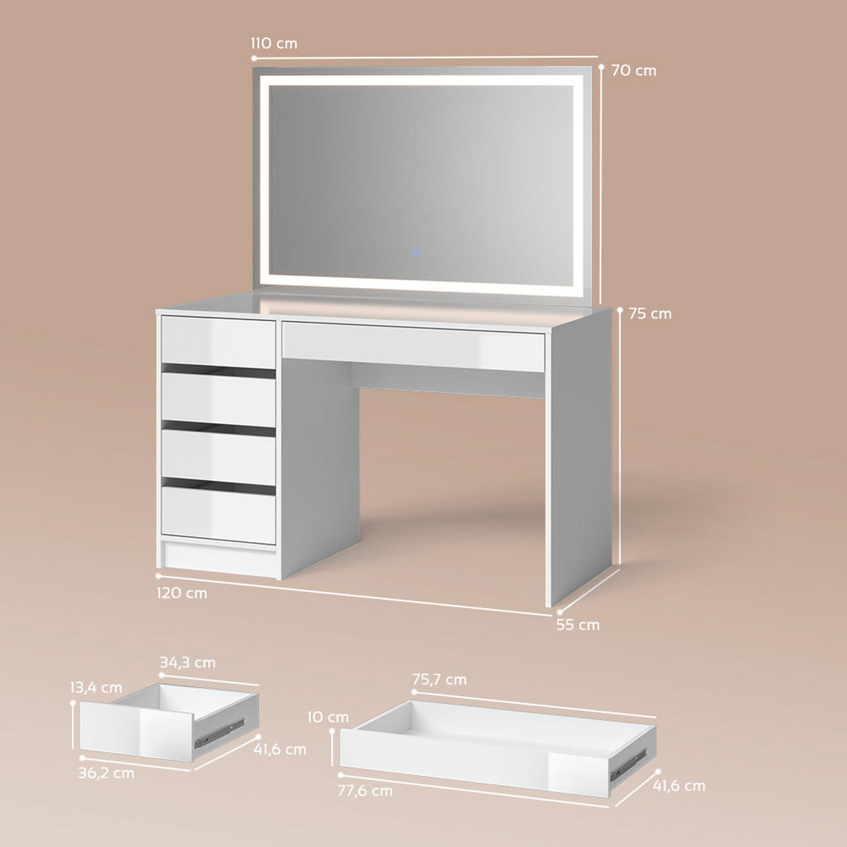SCHMINKTISCH Imola Weiß 120 cm mit LED Beleuchtung - Weiß, Holzwerkstoff (120/75/55cm) - Livinity®