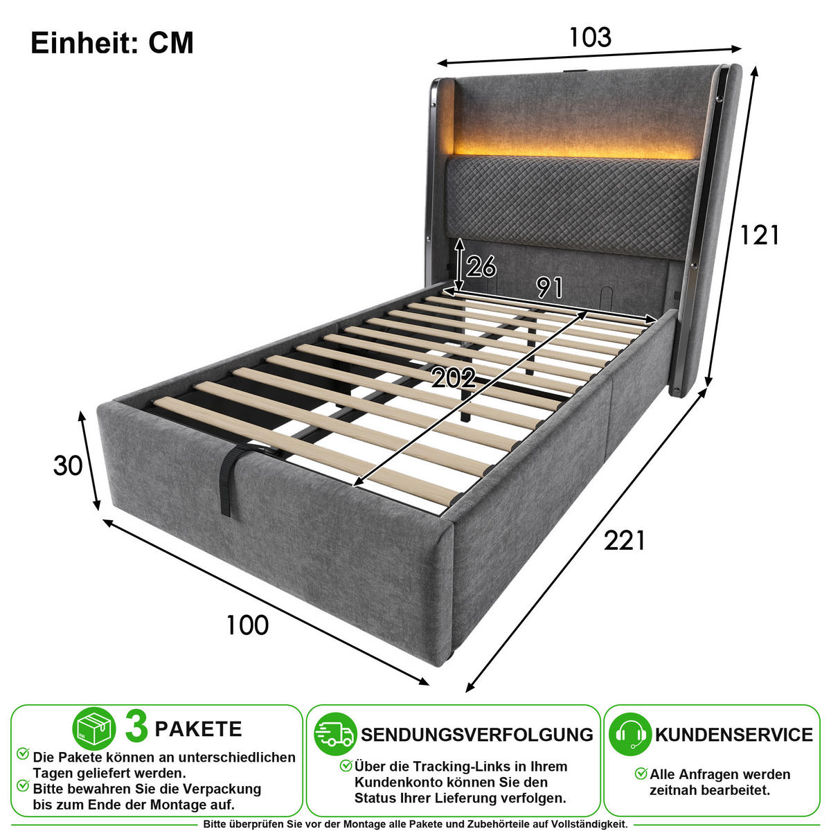 POLSTERBETT 90/200 cm in Grau Leinen mit Bettkasten, LED, USB/Type-C und Matratze - Grau, Holzwerkstoff/Textil (90/200cm) - CHICFURN