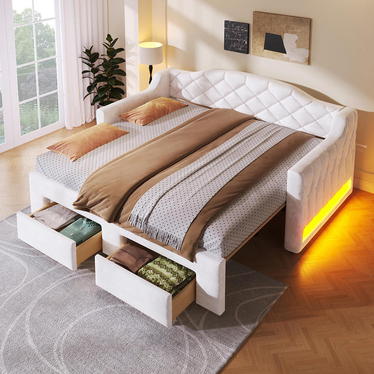 TAGESBETT 90x200 bis 180x200 cm mit zwei Schubladen und LED-Beleuchtung, Weiß - Weiß, Holz (90/200cm) - KOMHTOM