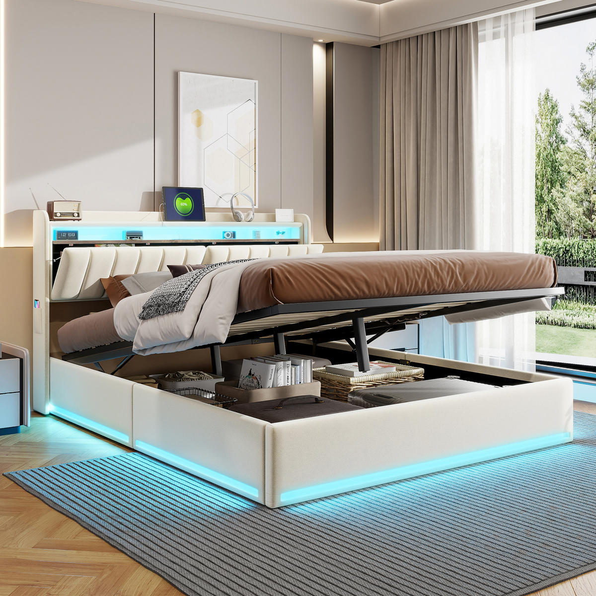 POLSTERBETT 140x200 cm LED Stauraum Lattenrost Kopfteil beige - Beige, Holz (140/200cm) - LEBENLANG