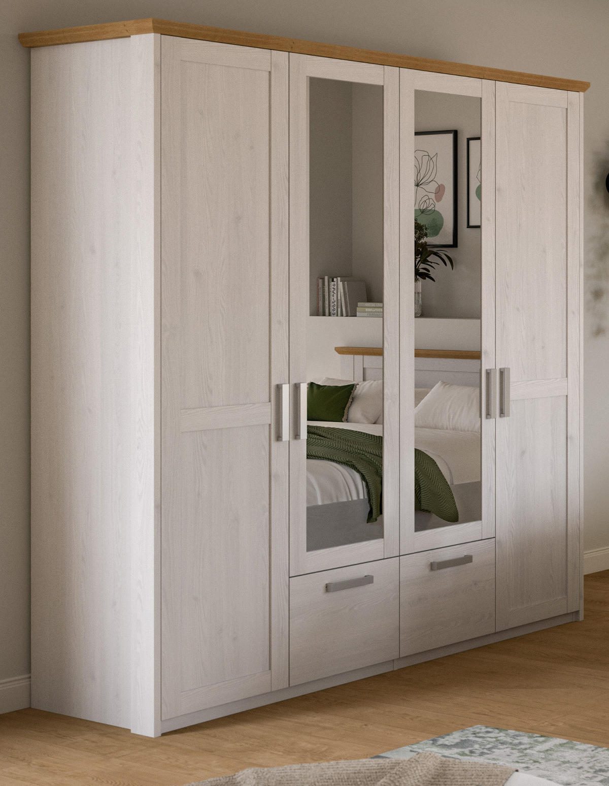 KLEIDERSCHRANK weiß Lärche, Eiche Artisan Landhaus, Drehtürenschrank 4-türig mit Spiegel - Eichefarben/Silberfarben, Glas/Holzwerkstoff (188/200/61cm) - Inn.Furn