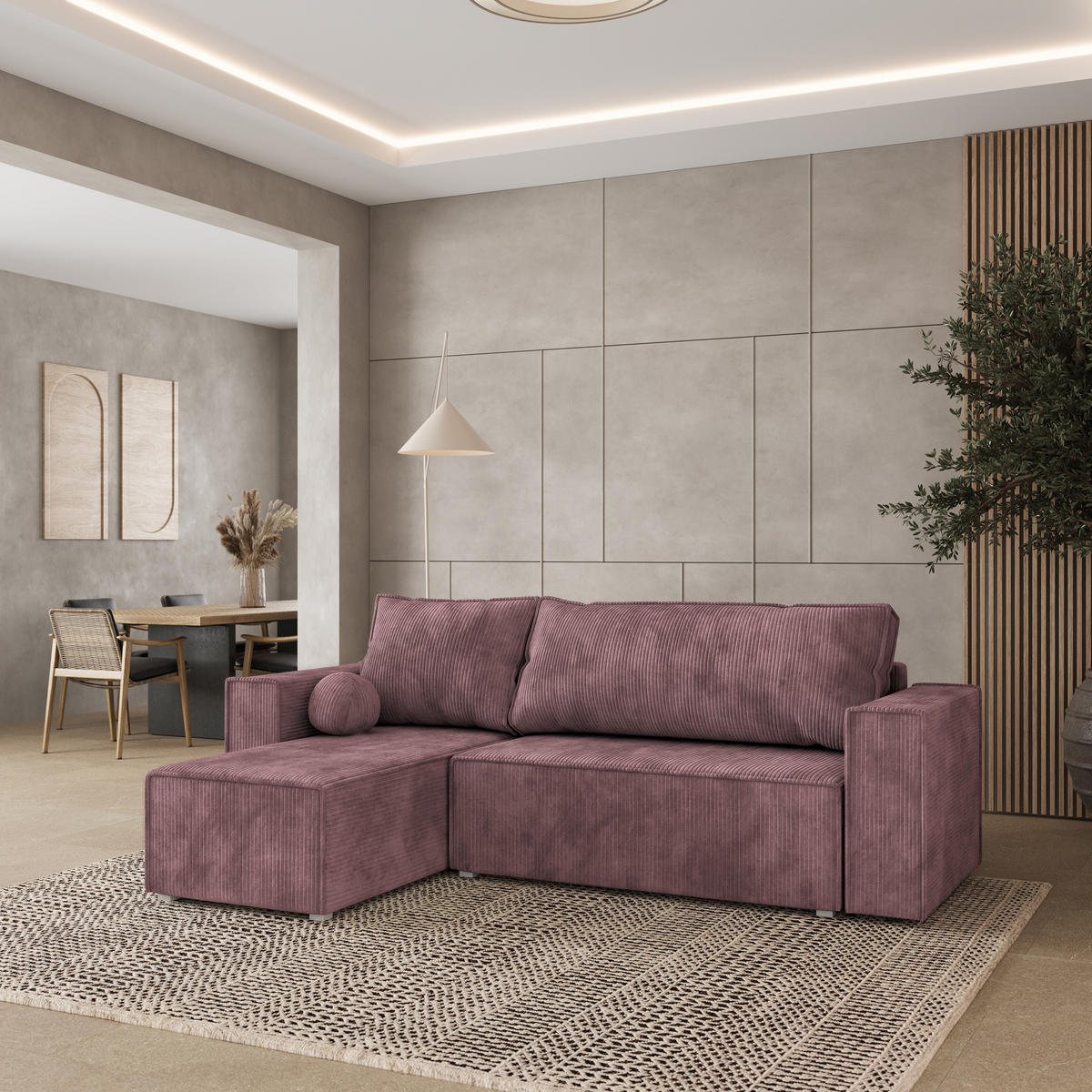 ROHOVÁ SEDAČKA RAVELO šeříková - šedá/šeříková, dřevo/textil (240/140cm) - MASSENO