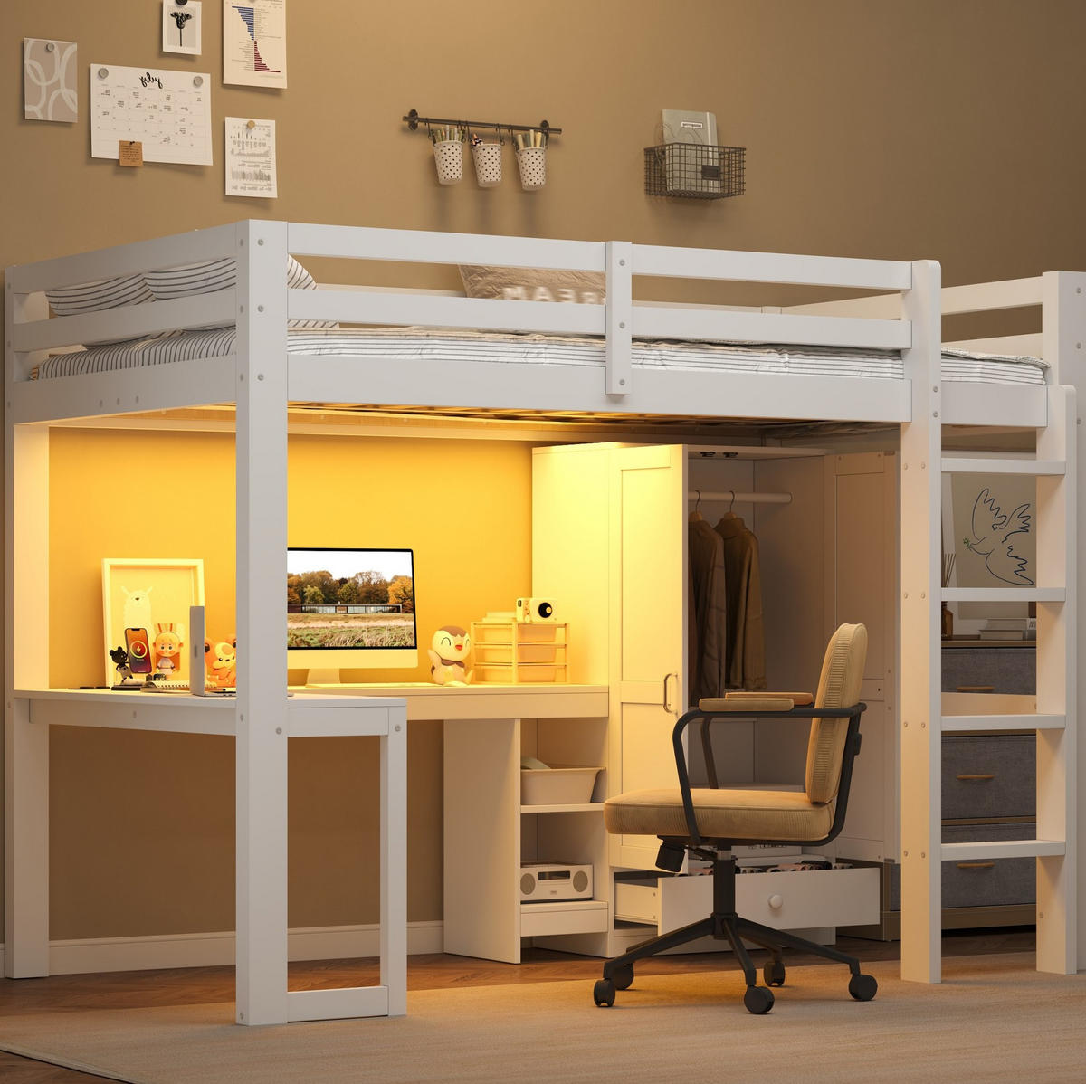 HOCHBETT aus Kiefernholz 140x200 cm Weiß mit Schreibtisch, Kleiderschrank, USB-Anschluss und LED-Beleuchtung - Weiß, Holzwerkstoff (140/200cm) - Modfu