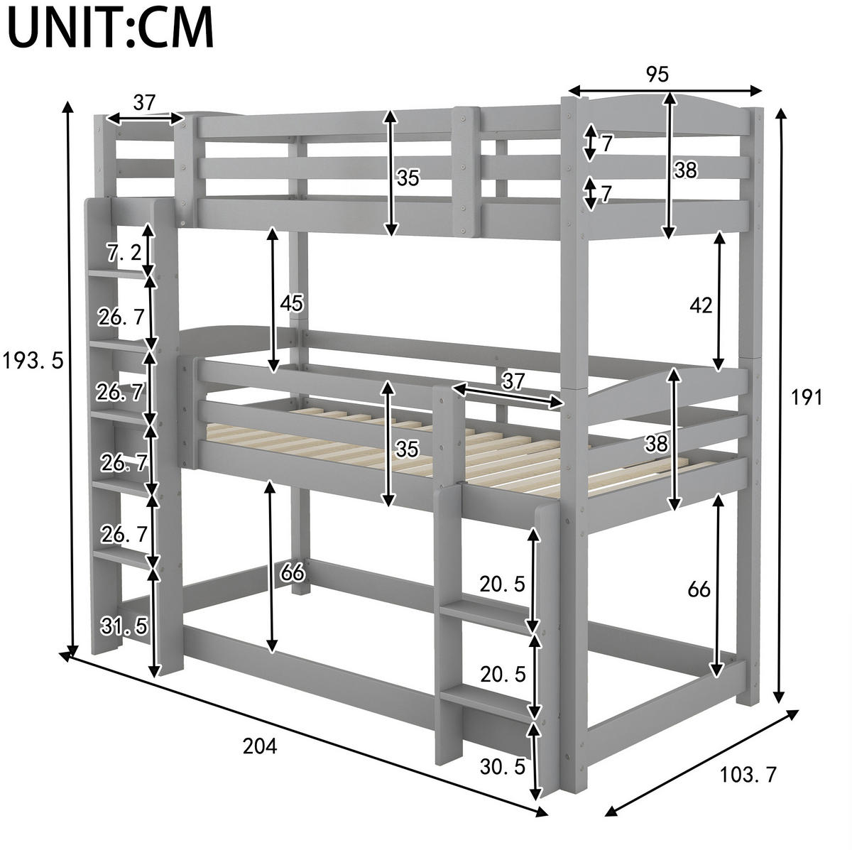 ETAGENBETT aus Kiefer und MDF 90x200 cm Grau, 3 Schlafplätze, mit 2 Leitern und hoher Absturzsicherung - Grau, Holzwerkstoff (90/200cm) - Modfu