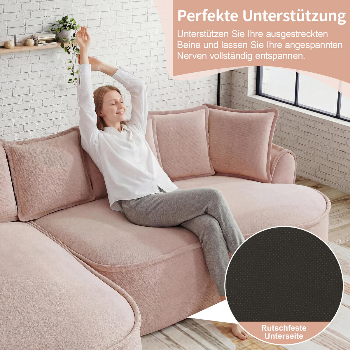 3-SITZER Sofa 252×164×67 cm aus Chenille-Stoff rahmenlos montagefrei, rosa - Rosa, Textil (164/67/252cm)