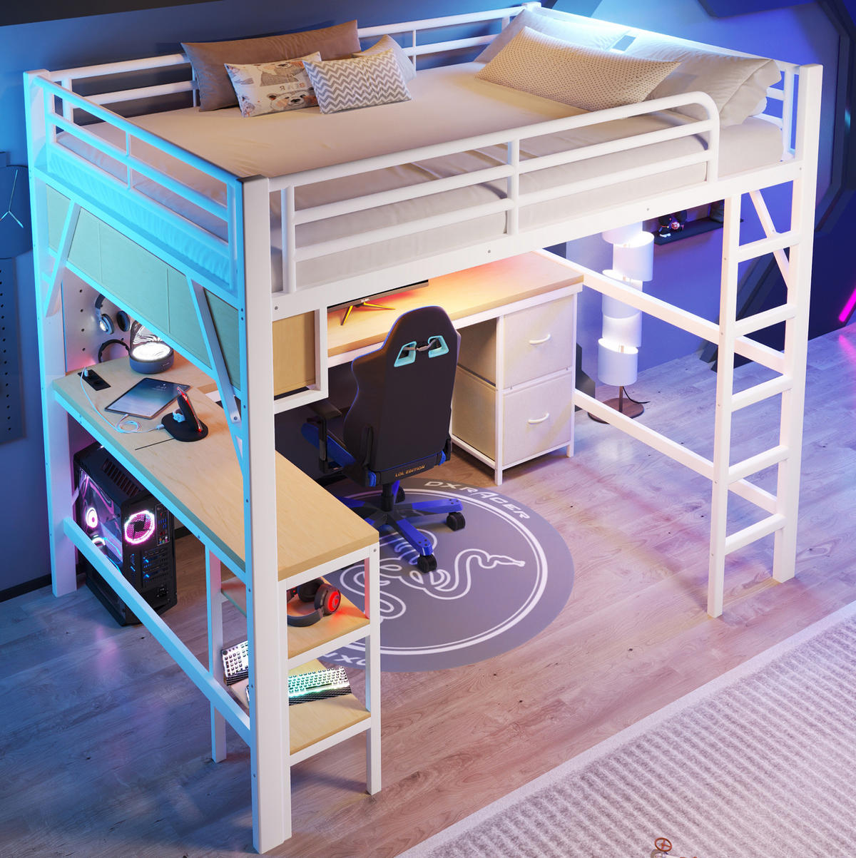 HOCHBETT aus Metall und MDF 140/200 cm mit Schreibtisch, Regal, Schrank, USB und LED-Beleuchtung, Weiß - Weiß, Holzwerkstoff (140/200cm) - Redom