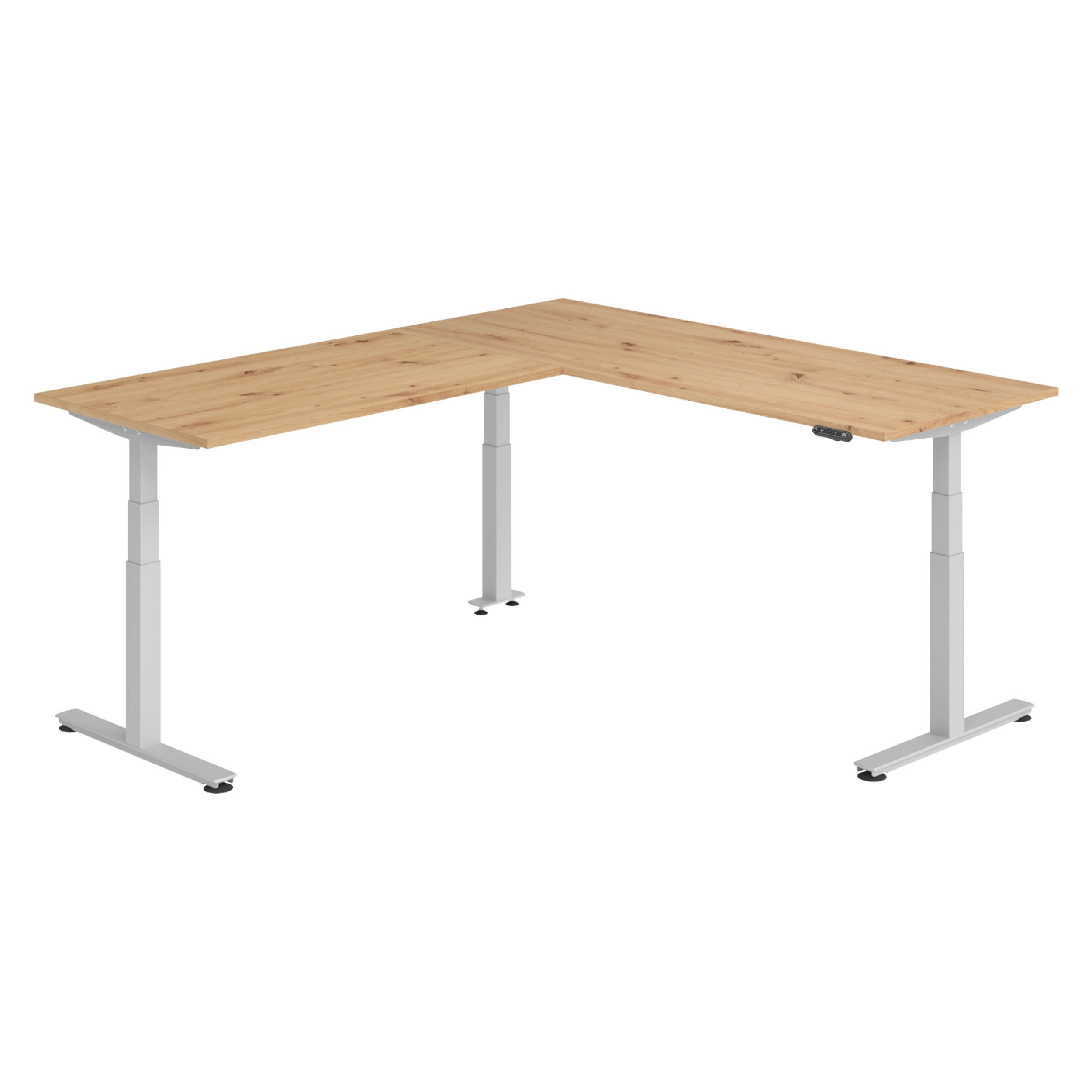 ECKSCHREIBTISCH elektrisch höhenverstellbar L-Form 240/200/74 cm in Wildeiche/Silberfarben - Wildeiche/Silberfarben, Holzwerkstoff (240/200/74cm) - bümö