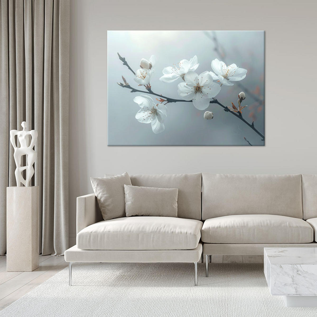 LEINWANDBILDER, Zweig Apfelblüten Pflanzen - Weiß, Textil (60/40cm) - Feeby