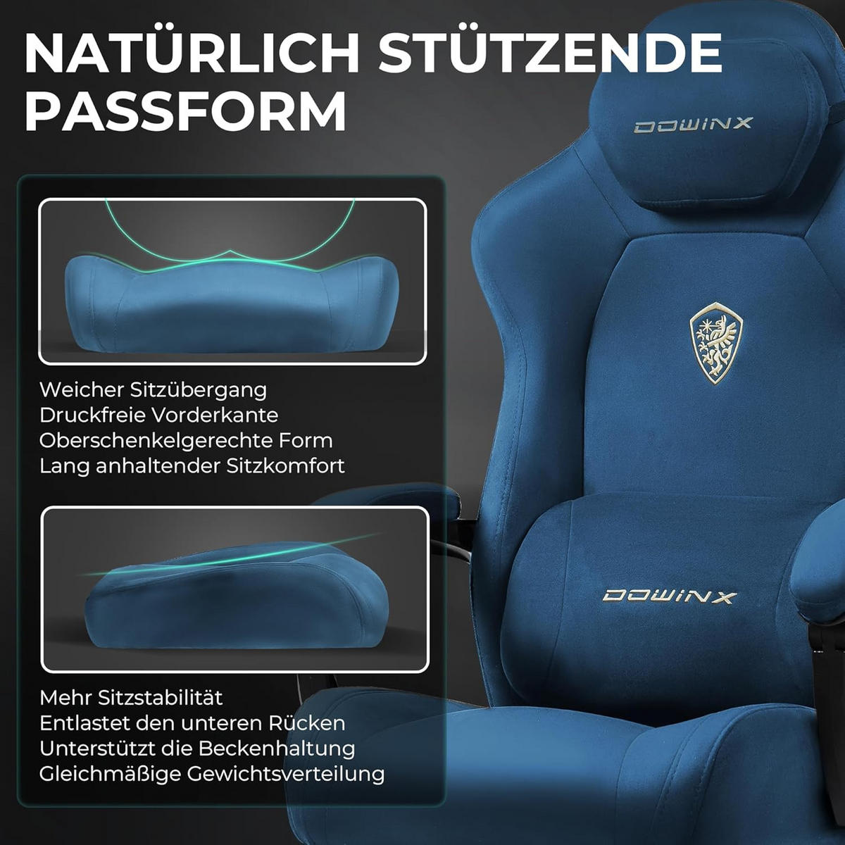 GAMING-STUHL Mikrofaser-Velours & Lendenkissen, Fußstütze 160° Neigbar - Blau, Leder (70/132/70cm)