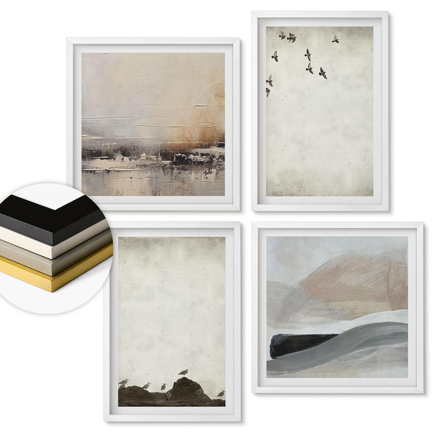 WANDBILDER 4er-Set - 50x50 cm & 40x60 cm Weißer Rahmen - Vögel, Steine, Pinselstriche, Verzierungen - Weiß, Kunststoff (50/50cm) - ArtPrintCave