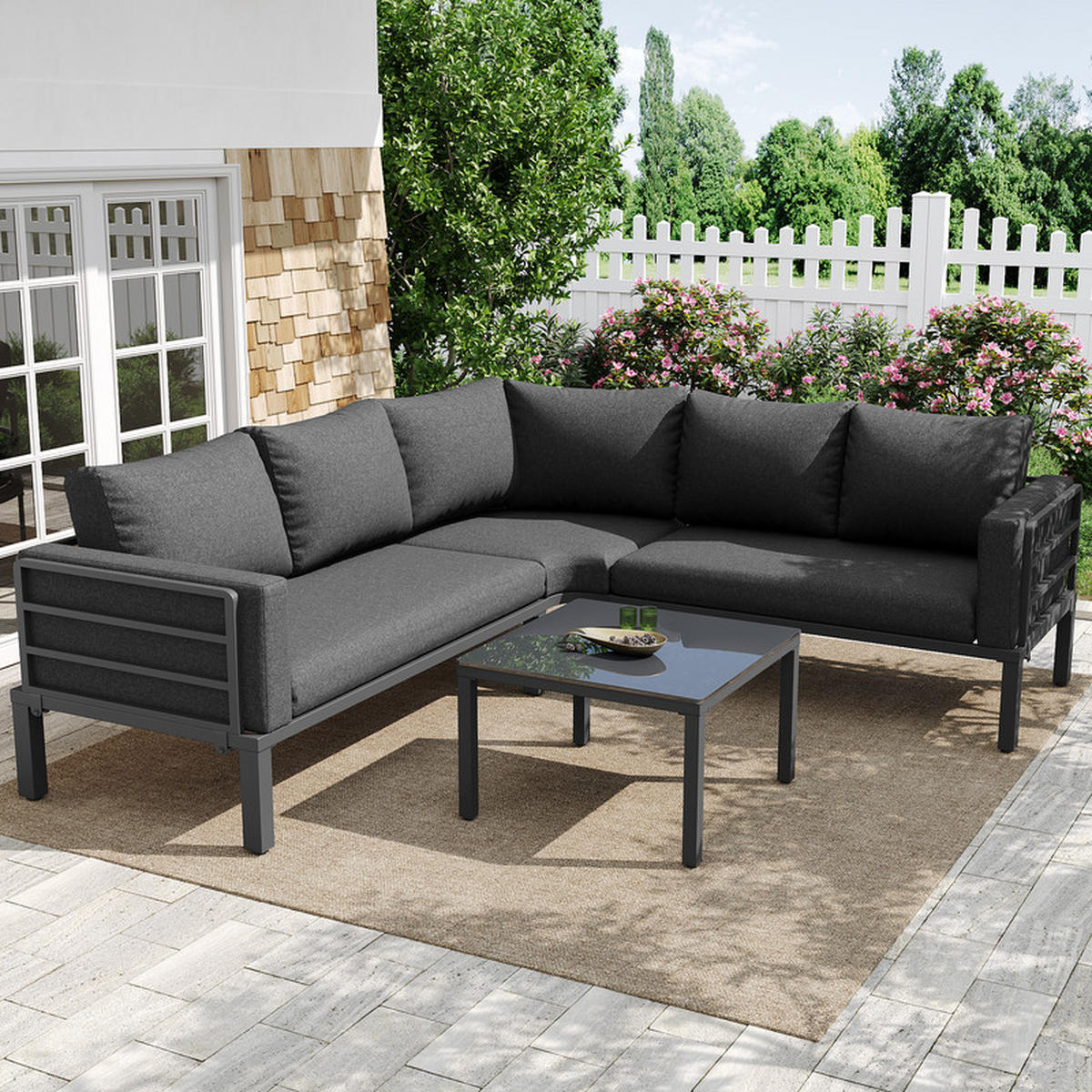 GARTENLOUNGE-SET GRAU 4-5 Sitzplätze mit Glastisch verstellbaren Beinen inkl. Kissen - Schwarz, Textil - BLACKCUP