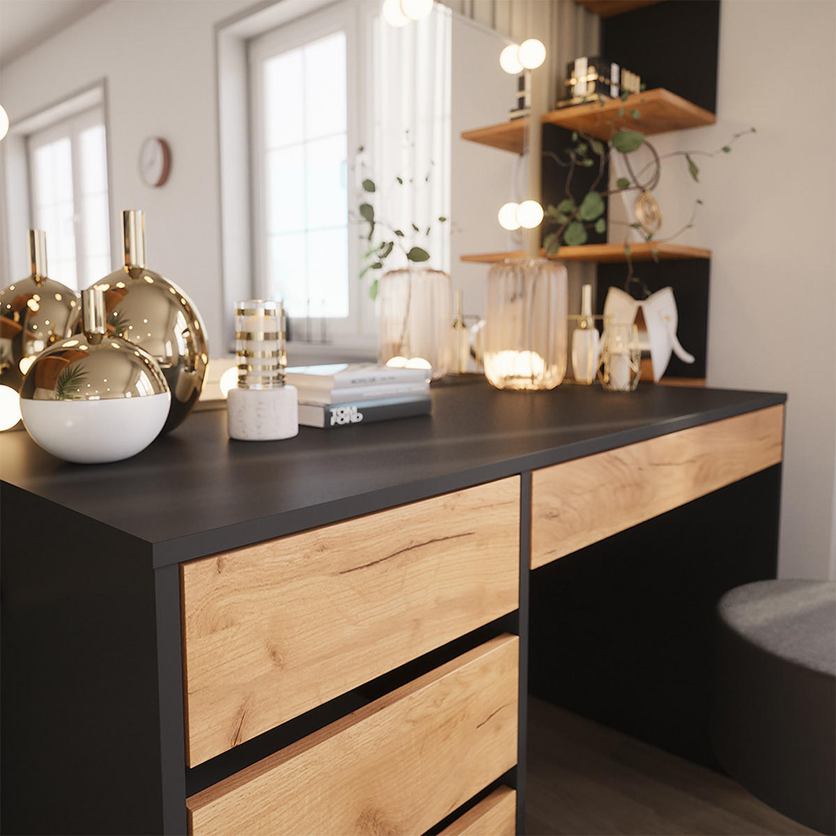 SCHMINKTISCH Sherry Anthrazit/Goldkraft Eiche 120 x 75 cm mit LED-Beleuchtung und Hocker - Honigeiche/Anthrazit, Holzwerkstoff (120/75/55cm) - Vicco