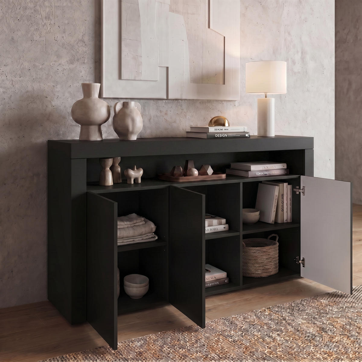 SIDEBOARD Valencia Schwarz matt - Schwarz, Holzwerkstoff (155/92/40cm) - Vladon