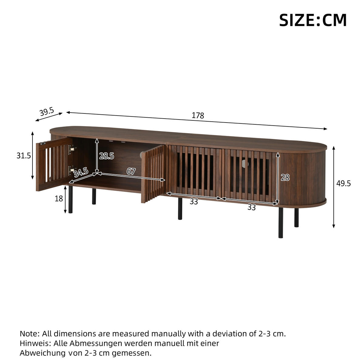 TV-ELEMENT178X39,5X49,5CM für 75-Zoll-Fernseher mit 4-Lamellentüren Walnussfarben - Walnussfarben, Holz (49/19/103.51cm) - Raelunyi