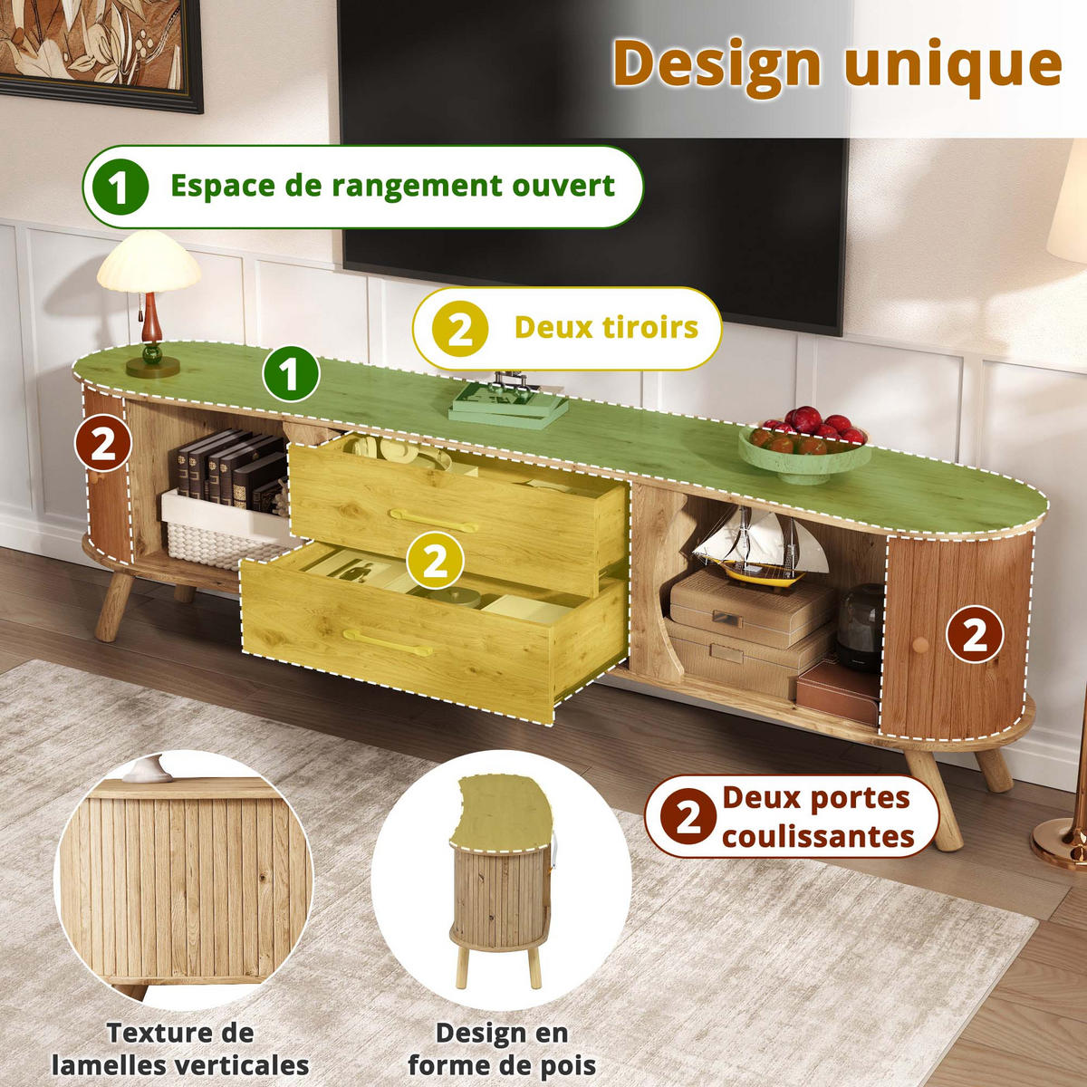 LOWBOARD in Naturfarben TV-Schrank mit Schiebetüren und Schubladen, B170/T40/H55 - Naturfarben, Holzwerkstoff (160/55/36.5cm) - STILVORA