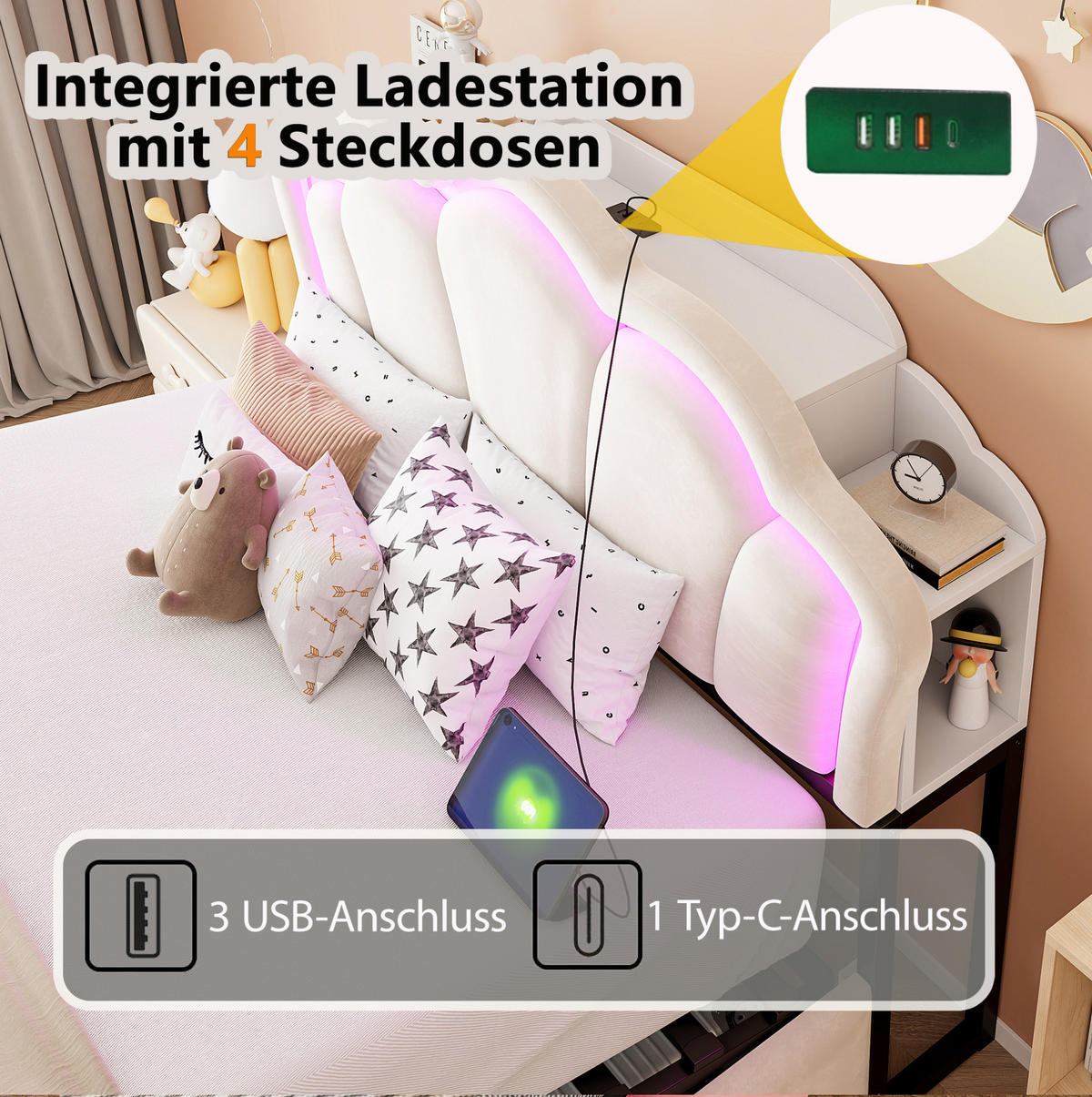 POLSTERBETT 140x200 cm in Beige mit LED-Beleuchtung, Steckdosen und hydraulischem Stauraum - Beige, Textil (140/200cm) - IVMEU