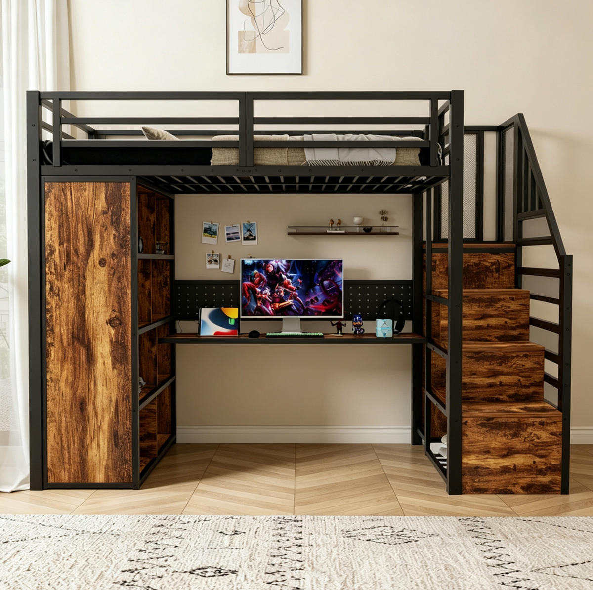 HOCHBETT 90/200 cm mit Stauraumtreppe, Schreibtisch, LED-Beleuchtung und Kleiderschrank, Schwarz - Schwarz, Holzwerkstoff (90/200cm) - Redom