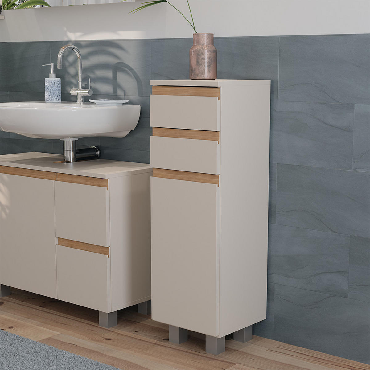 STŘEDNÍ SKŘÍŇKA J-Shape Kašmír/Řemeselné 30 x 95 cm se 2 zásuvkami - kašmírová/světle šedá, kompozitní dřevo (30/95/30cm) - Vicco